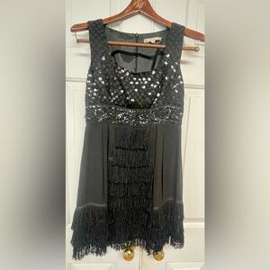 Nanette Lepore 100% Silk Sequin Fringe Cocktail Dress - Black. EUC.